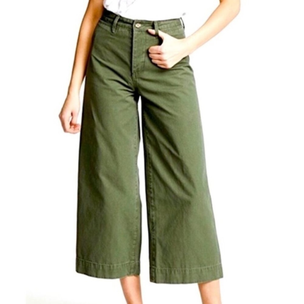 NWT EVIDNT Los Angeles Green Cropped High Rise Cotton Chino Wide Leg Pants